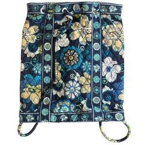 Vera Bradley Drawstring Backpack Cinch Bag Mod Floral Blue Quilted Cotton